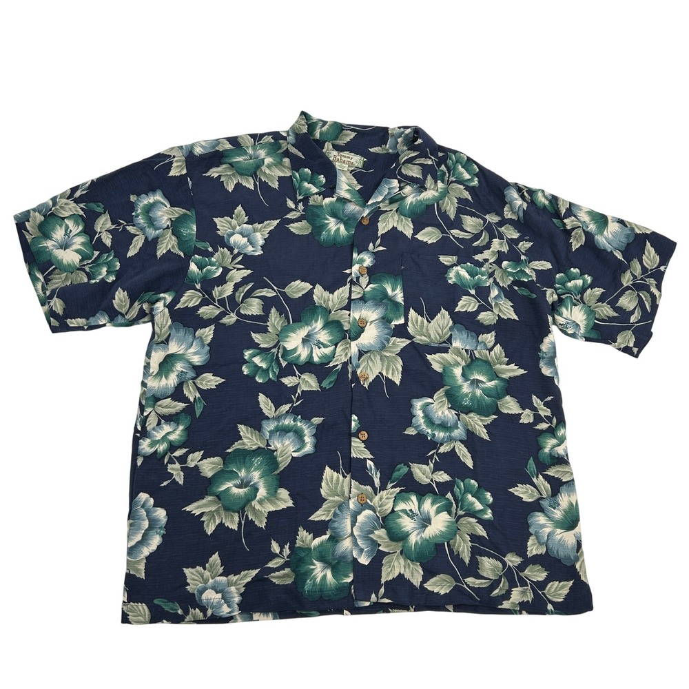 Tommy Bahama Shirt Men XL Blue‎ Green Floral Camp Hawaiian Loop Collar 100% Silk